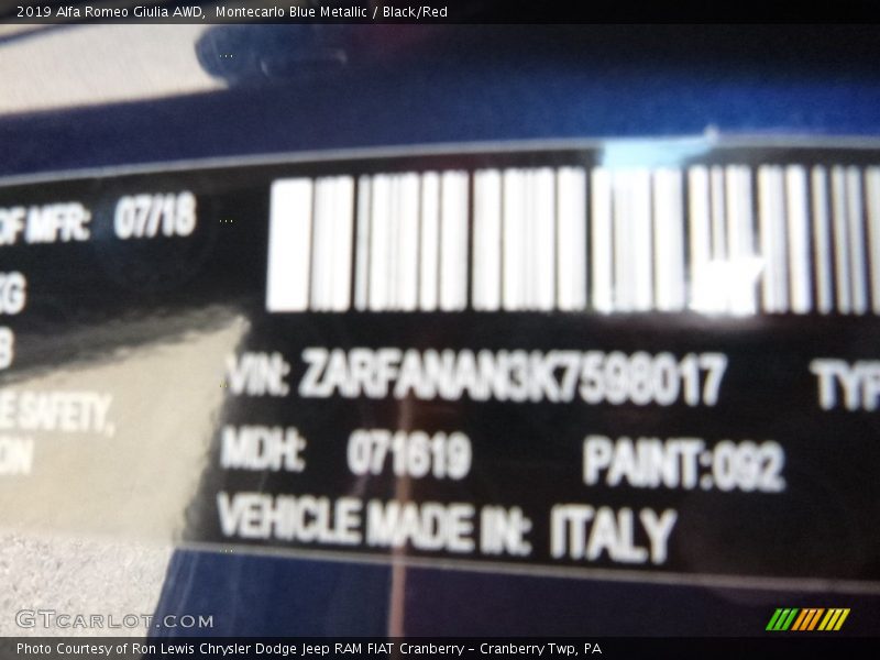 2019 Giulia AWD Montecarlo Blue Metallic Color Code 092