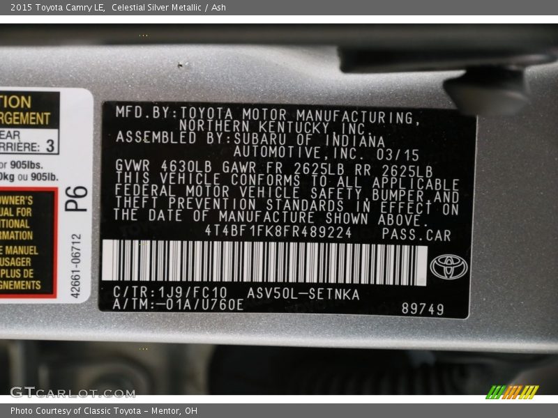 Celestial Silver Metallic / Ash 2015 Toyota Camry LE