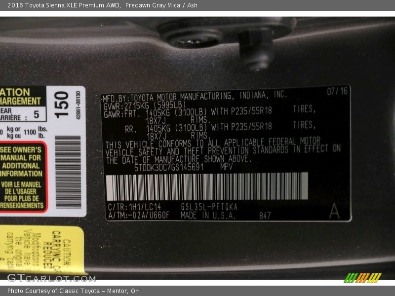 Predawn Gray Mica / Ash 2016 Toyota Sienna XLE Premium AWD