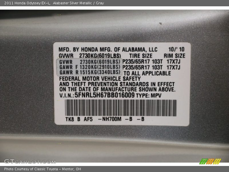 Alabaster Silver Metallic / Gray 2011 Honda Odyssey EX-L