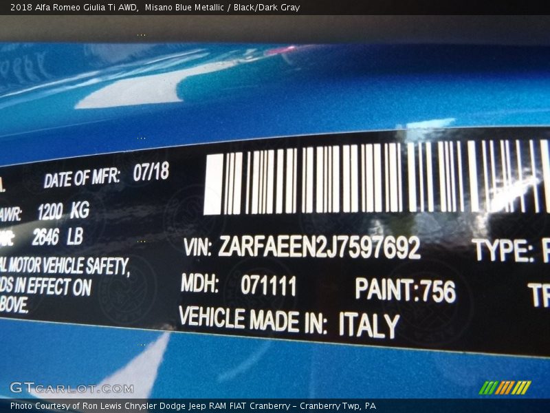 2018 Giulia Ti AWD Misano Blue Metallic Color Code 756