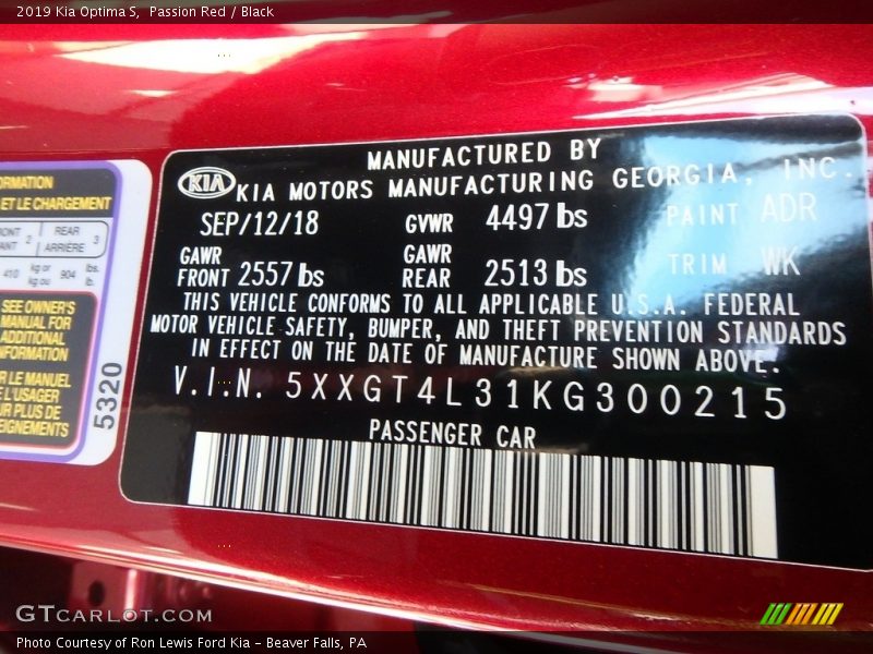 2019 Optima S Passion Red Color Code ADR