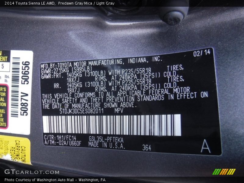 Predawn Gray Mica / Light Gray 2014 Toyota Sienna LE AWD