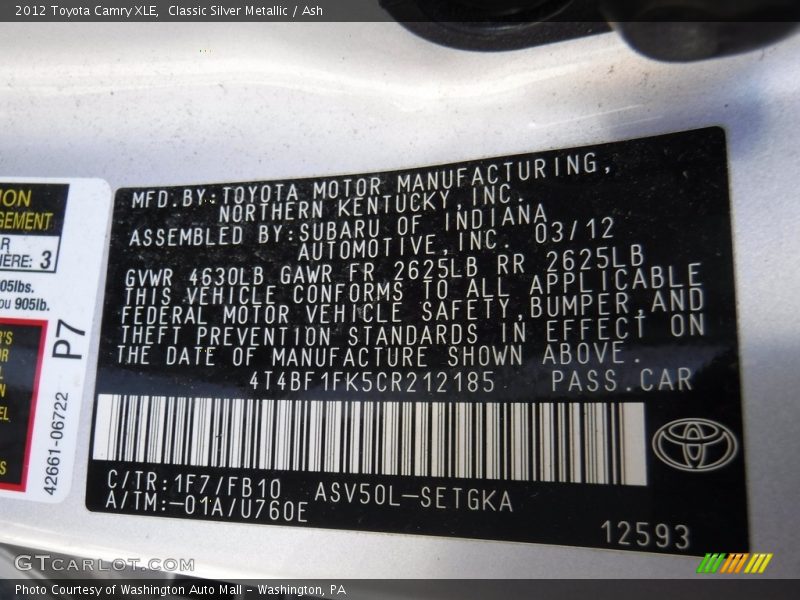 Classic Silver Metallic / Ash 2012 Toyota Camry XLE