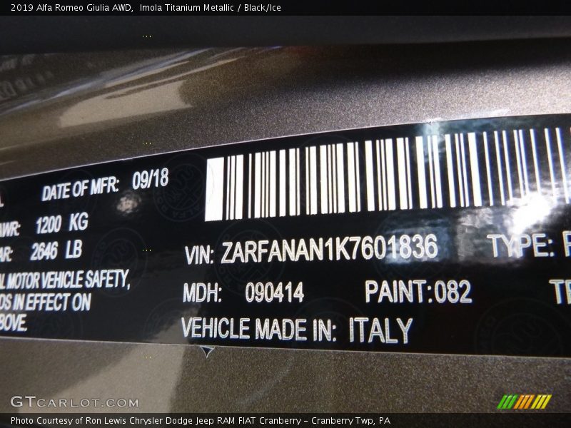 2019 Giulia AWD Imola Titanium Metallic Color Code 082