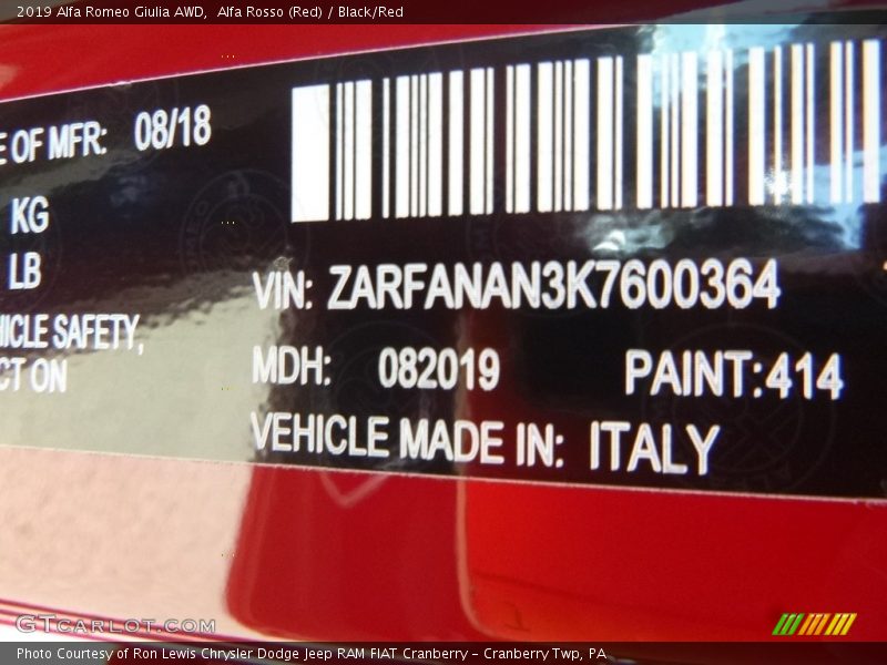 2019 Giulia AWD Alfa Rosso (Red) Color Code 414