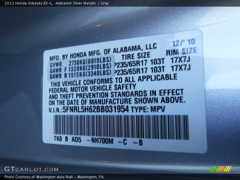 Alabaster Silver Metallic / Gray 2011 Honda Odyssey EX-L