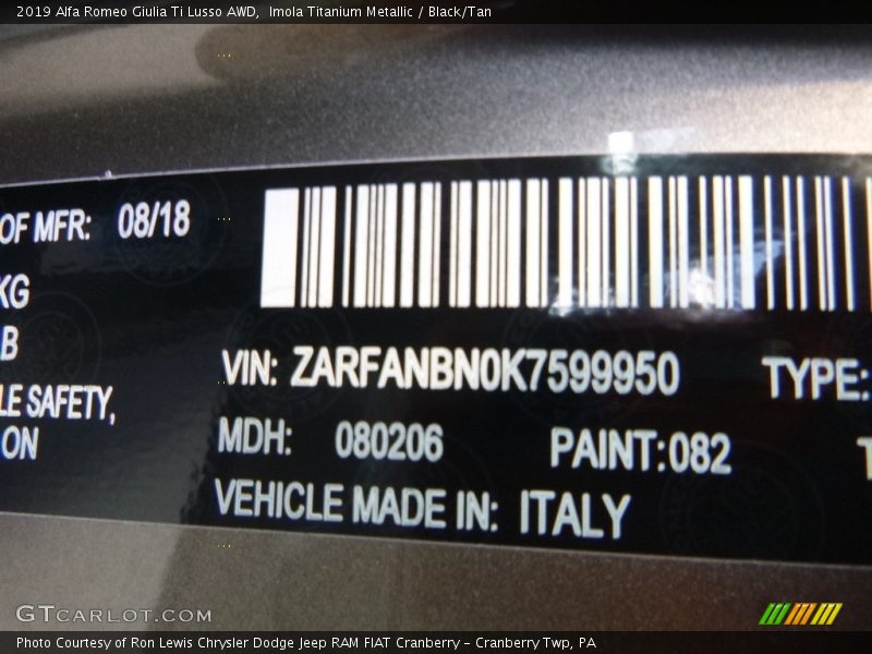 2019 Giulia Ti Lusso AWD Imola Titanium Metallic Color Code 082