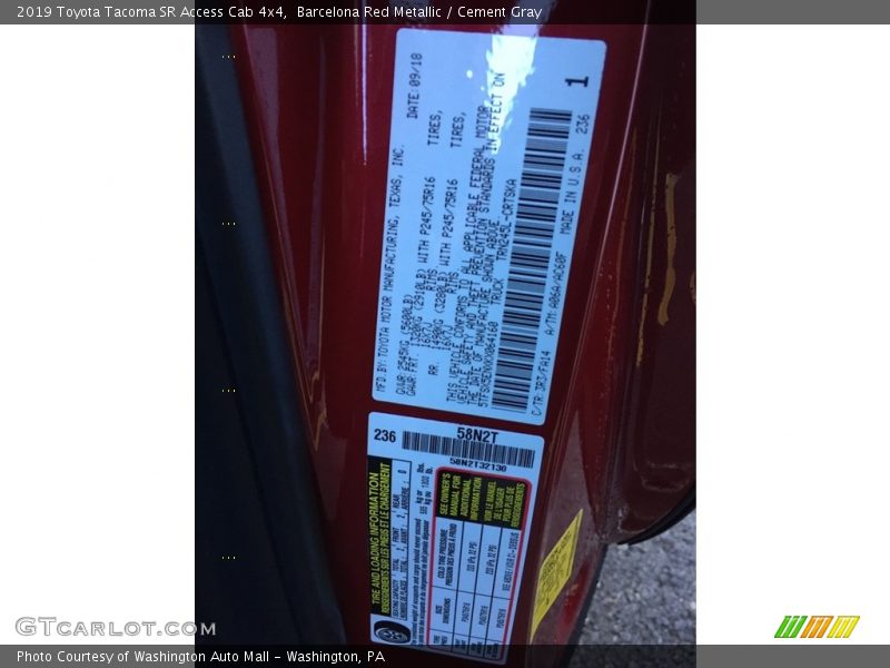 2019 Tacoma SR Access Cab 4x4 Barcelona Red Metallic Color Code 3R3
