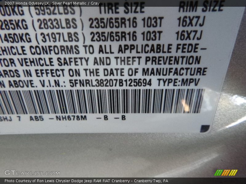 Silver Pearl Metallic / Gray 2007 Honda Odyssey LX