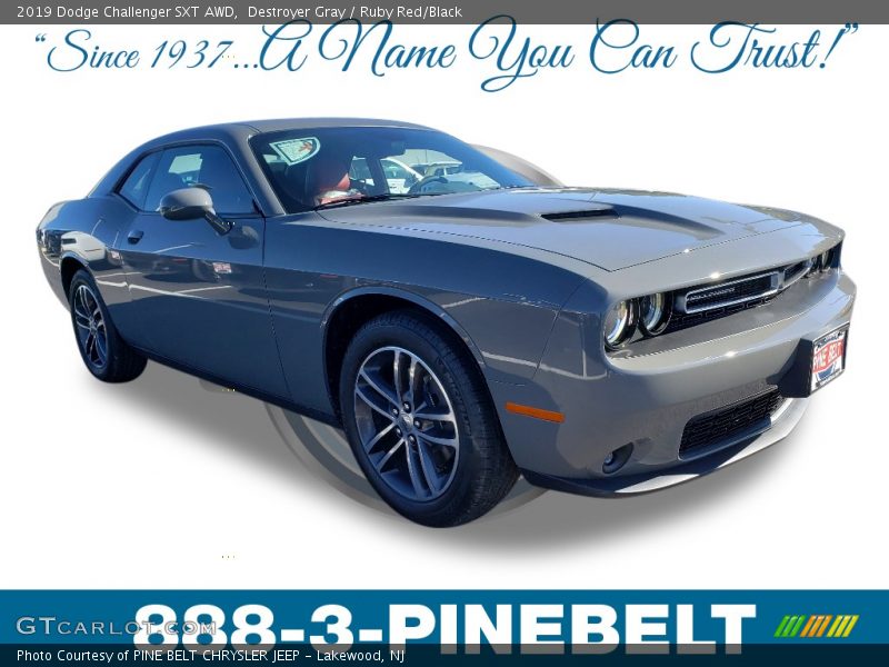 Destroyer Gray / Ruby Red/Black 2019 Dodge Challenger SXT AWD