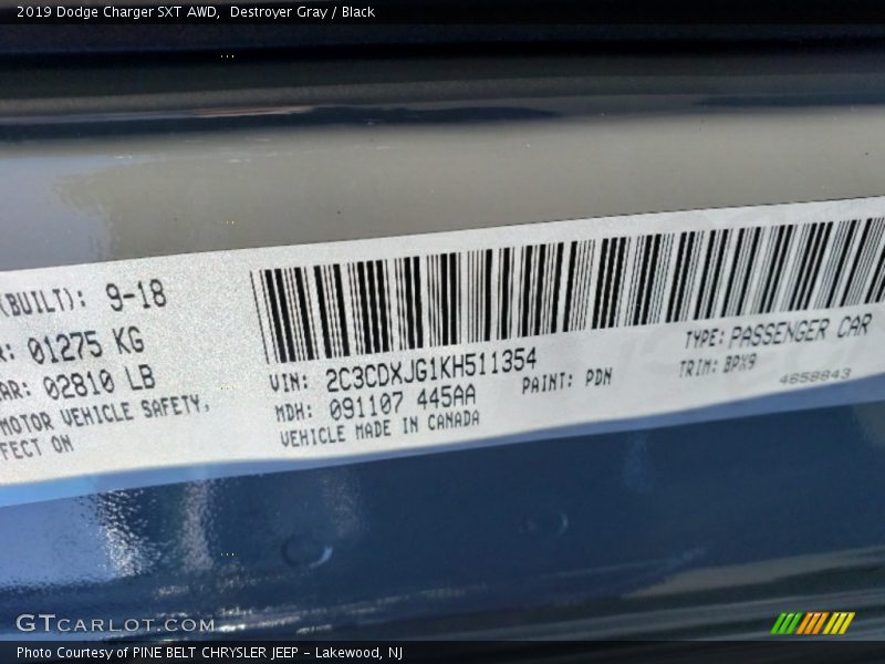 2019 Charger SXT AWD Destroyer Gray Color Code PDN
