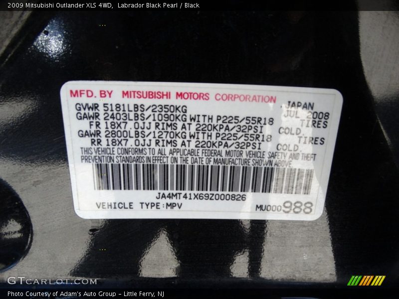 Labrador Black Pearl / Black 2009 Mitsubishi Outlander XLS 4WD