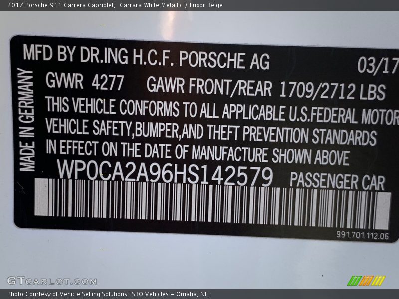 Carrara White Metallic / Luxor Beige 2017 Porsche 911 Carrera Cabriolet