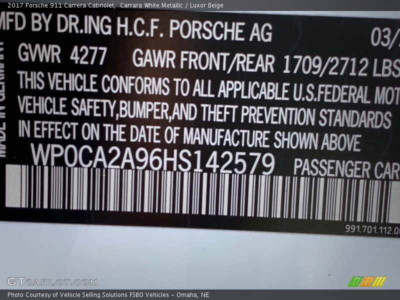 Carrara White Metallic / Luxor Beige 2017 Porsche 911 Carrera Cabriolet