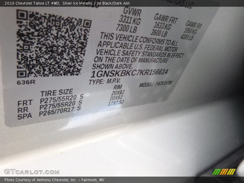 Silver Ice Metallic / Jet Black/Dark Ash 2019 Chevrolet Tahoe LT 4WD