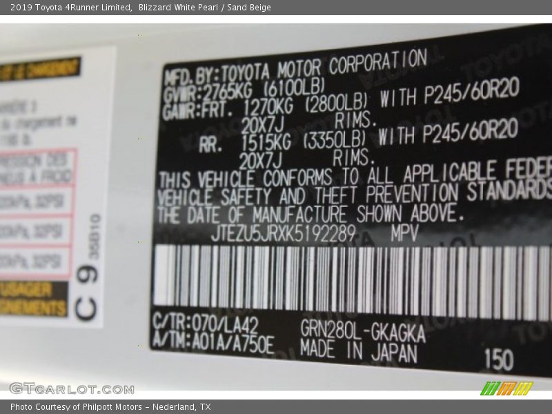 2019 4Runner Limited Blizzard White Pearl Color Code 070