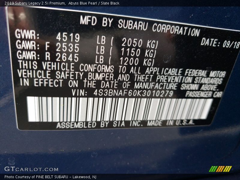 Abyss Blue Pearl / Slate Black 2019 Subaru Legacy 2.5i Premium