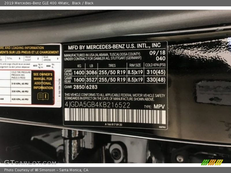 2019 GLE 400 4Matic Black Color Code 040