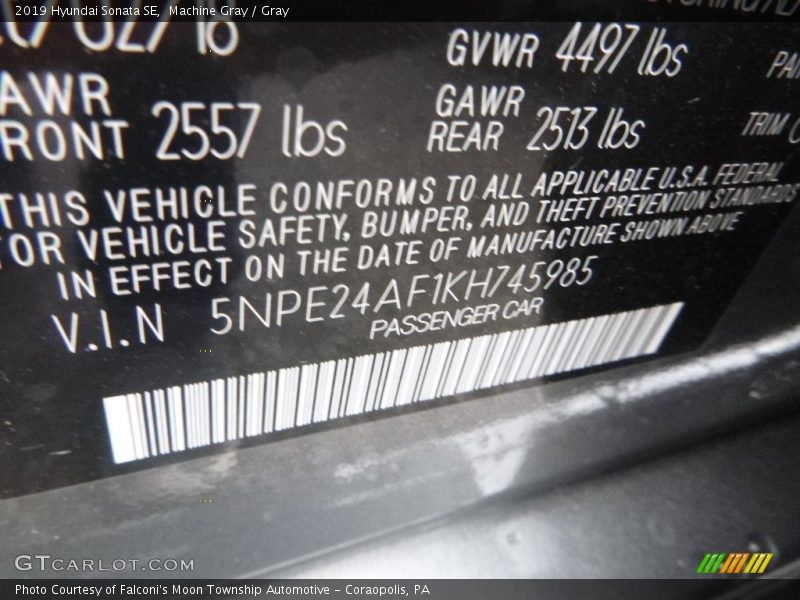 Machine Gray / Gray 2019 Hyundai Sonata SE