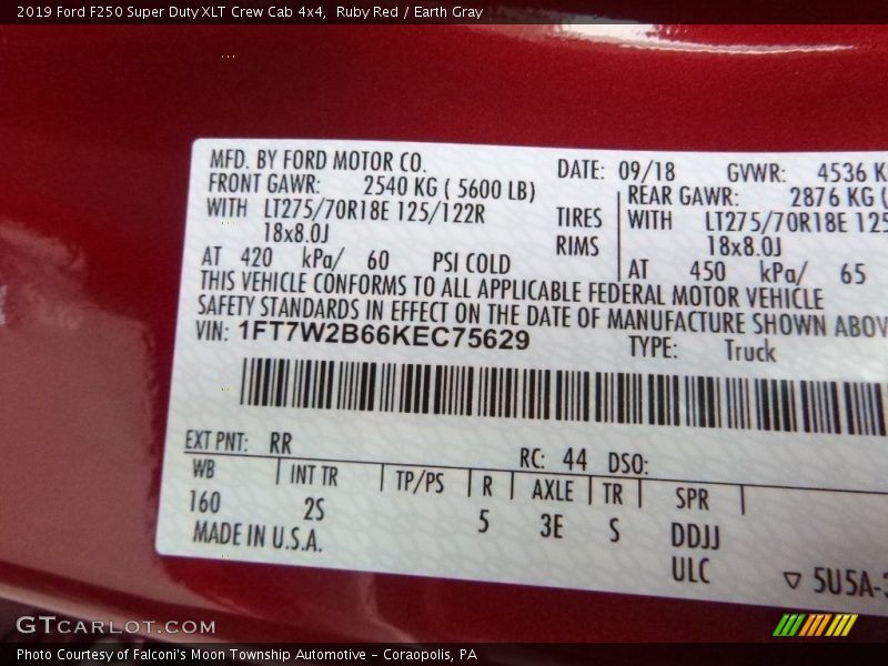 2019 F250 Super Duty XLT Crew Cab 4x4 Ruby Red Color Code RR