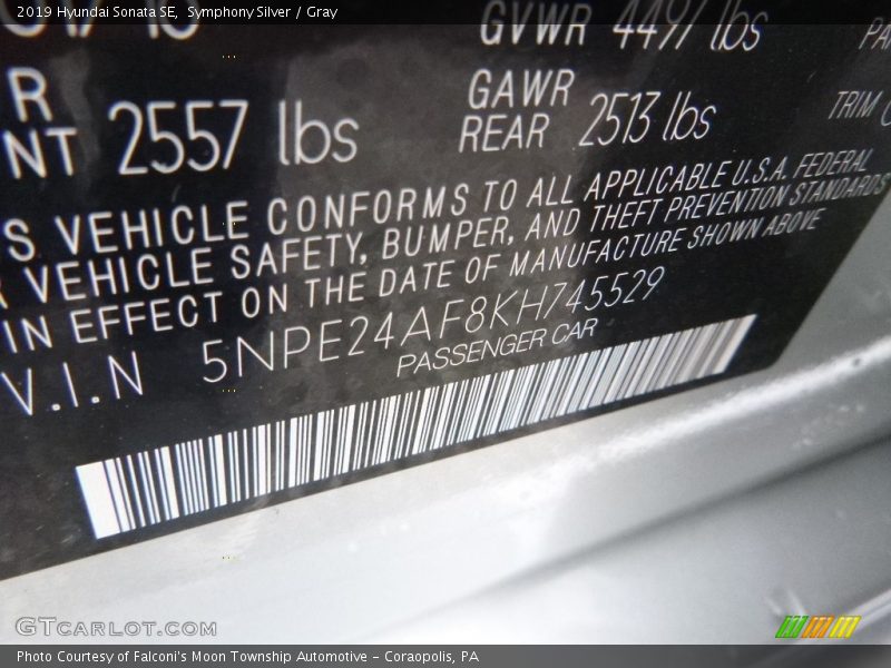 Symphony Silver / Gray 2019 Hyundai Sonata SE