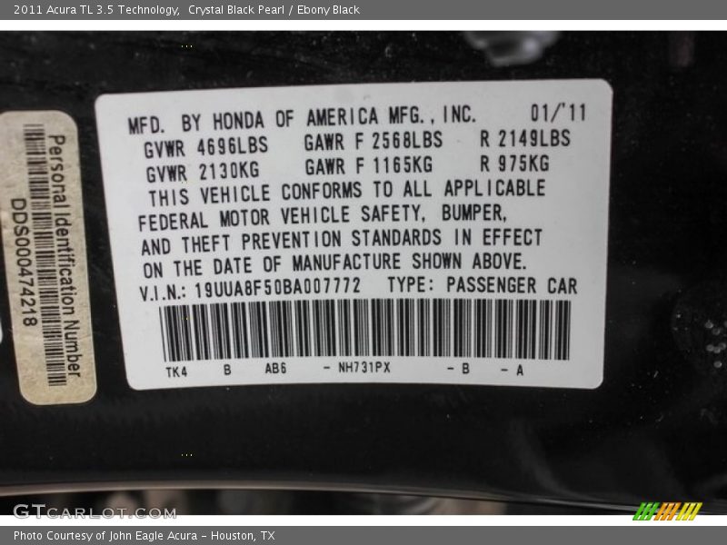 Crystal Black Pearl / Ebony Black 2011 Acura TL 3.5 Technology