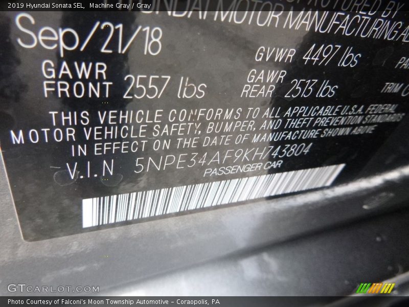 Machine Gray / Gray 2019 Hyundai Sonata SEL