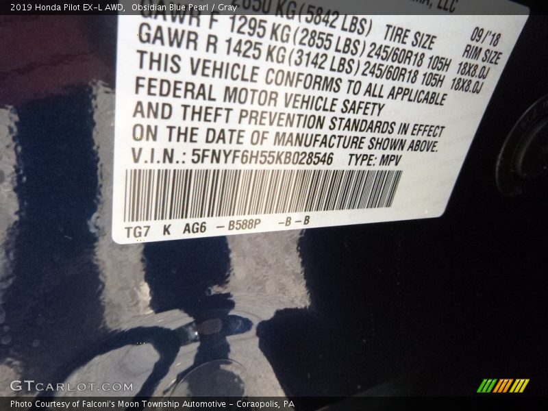 Obsidian Blue Pearl / Gray 2019 Honda Pilot EX-L AWD