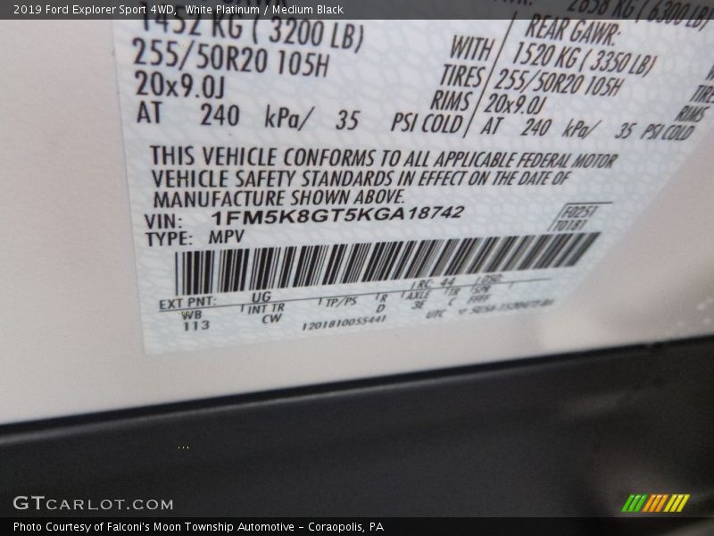2019 Explorer Sport 4WD White Platinum Color Code UG