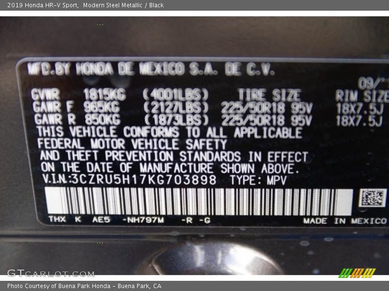 Modern Steel Metallic / Black 2019 Honda HR-V Sport