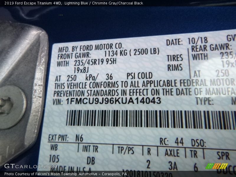 2019 Escape Titanium 4WD Lightning Blue Color Code N6