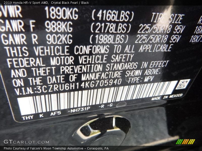 2019 HR-V Sport AWD Crystal Black Pearl Color Code NH731P