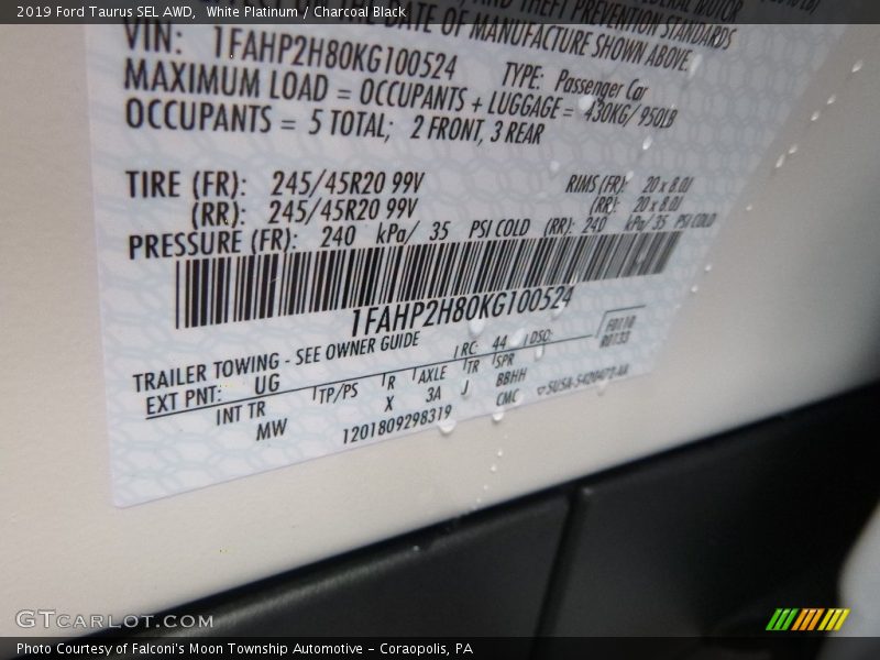 2019 Taurus SEL AWD White Platinum Color Code UG