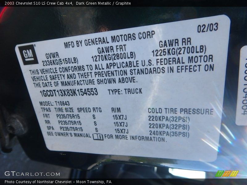 Dark Green Metallic / Graphite 2003 Chevrolet S10 LS Crew Cab 4x4