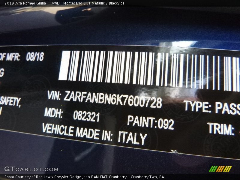 2019 Giulia Ti AWD Montecarlo Blue Metallic Color Code 092