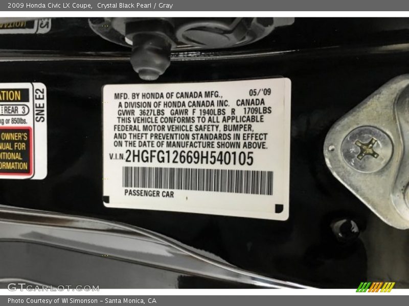 Crystal Black Pearl / Gray 2009 Honda Civic LX Coupe