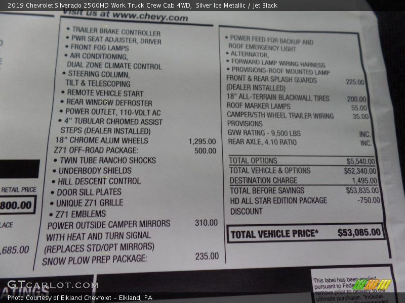 Silver Ice Metallic / Jet Black 2019 Chevrolet Silverado 2500HD Work Truck Crew Cab 4WD