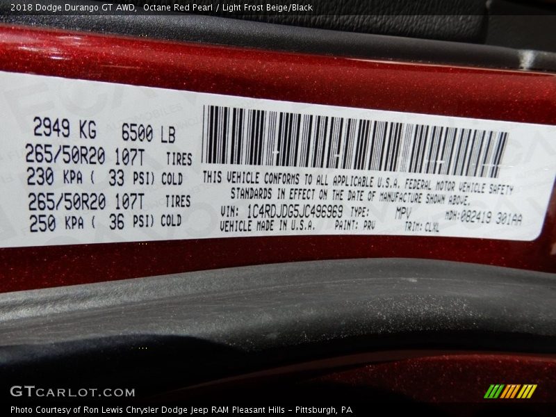 Octane Red Pearl / Light Frost Beige/Black 2018 Dodge Durango GT AWD