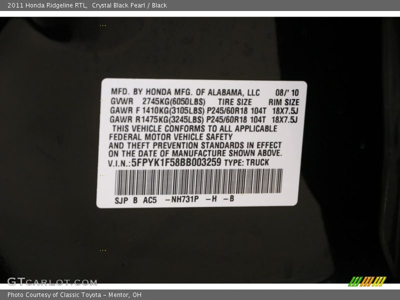 Crystal Black Pearl / Black 2011 Honda Ridgeline RTL