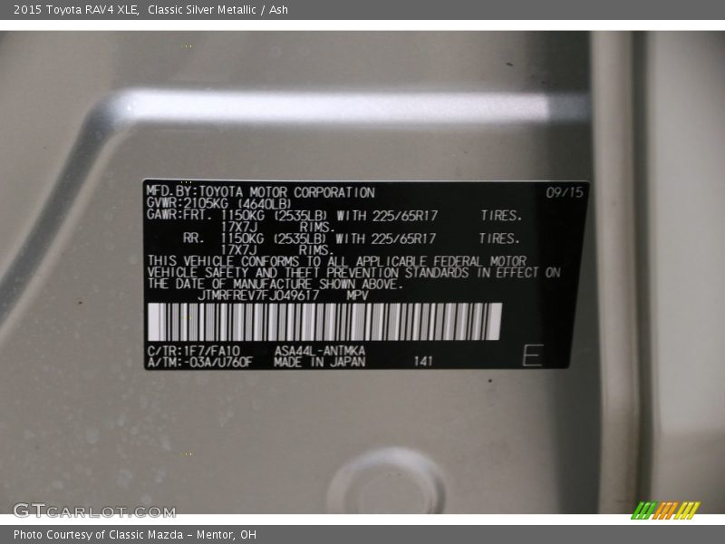 Classic Silver Metallic / Ash 2015 Toyota RAV4 XLE