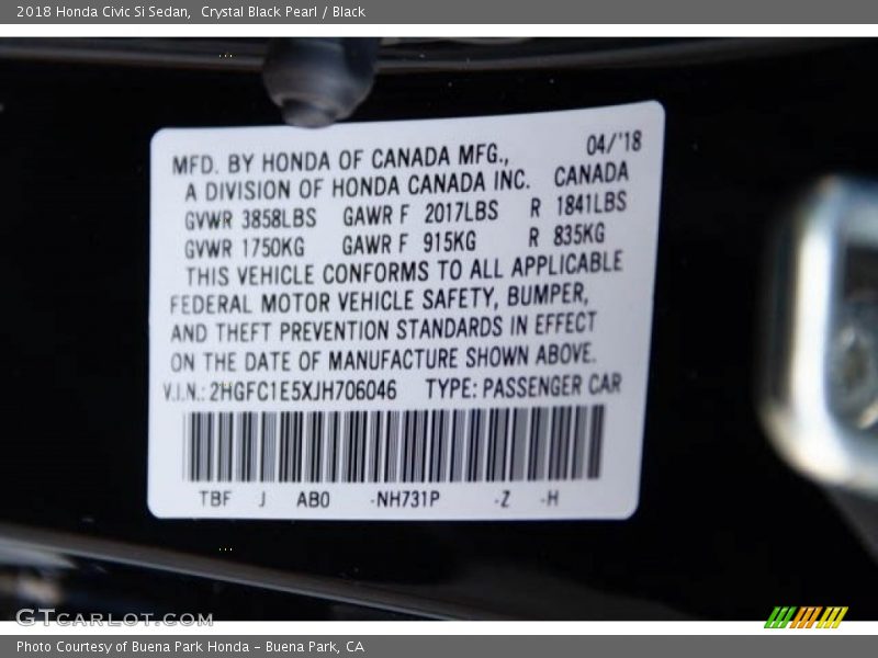 Crystal Black Pearl / Black 2018 Honda Civic Si Sedan