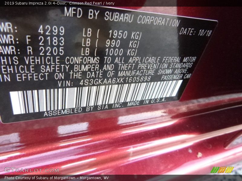 Crimson Red Pearl / Ivory 2019 Subaru Impreza 2.0i 4-Door