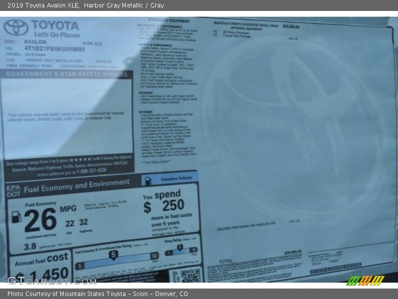 Harbor Gray Metallic / Gray 2019 Toyota Avalon XLE