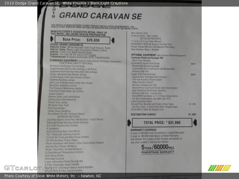 White Knuckle / Black/Light Graystone 2019 Dodge Grand Caravan SE
