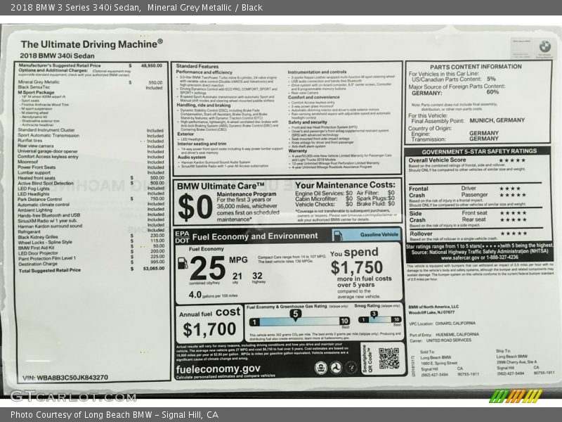 Mineral Grey Metallic / Black 2018 BMW 3 Series 340i Sedan
