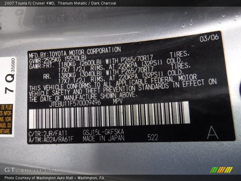Titanium Metallic / Dark Charcoal 2007 Toyota FJ Cruiser 4WD