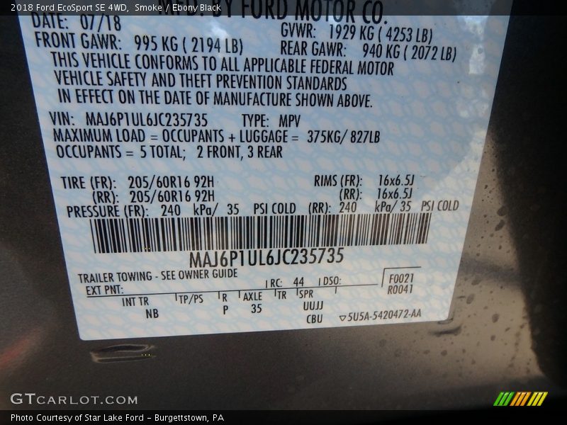 Smoke / Ebony Black 2018 Ford EcoSport SE 4WD