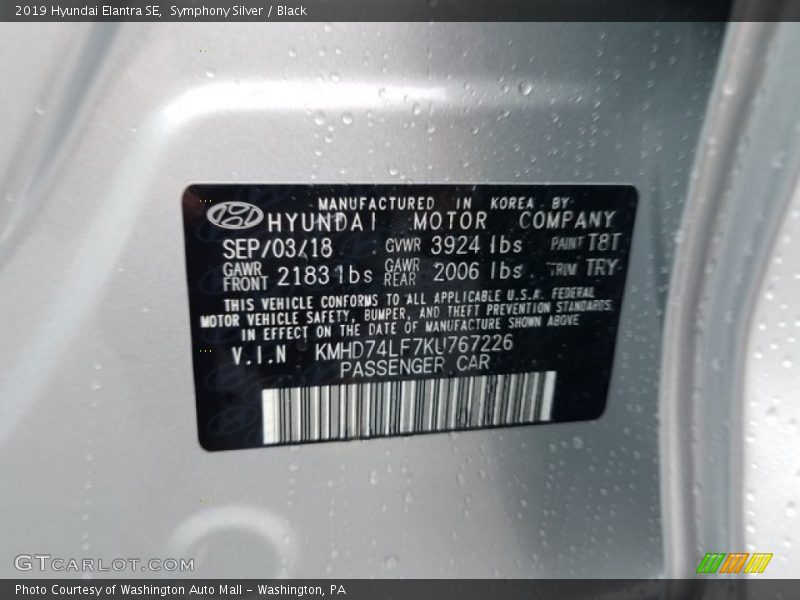 2019 Elantra SE Symphony Silver Color Code T8T