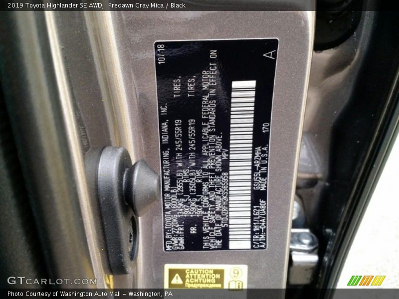 2019 Highlander SE AWD Predawn Gray Mica Color Code 1H1